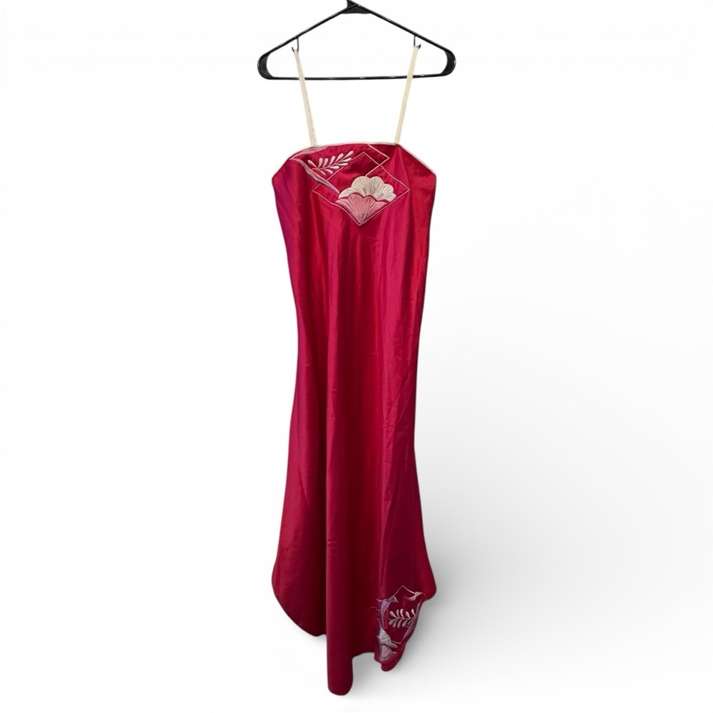 Vintage Natori Hot Pink Slip Dress with Asian Inspired Embroidery Details Medium